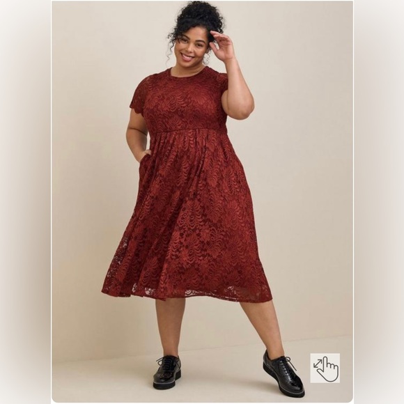 TORRID Plus Size Midi Lace Fit and Flare Dress - Brick - Picture 1 of 8